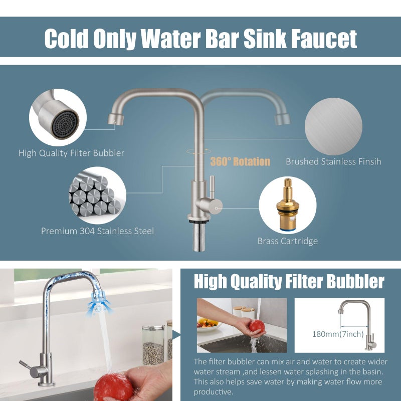 Aolemi Cold Only Water Kitchen Faucet Commercial Bar Tap Single Lever Handle 304 Stainless Steel Brushed Nickel Decked Mounted Single Hole Modern - Image 3